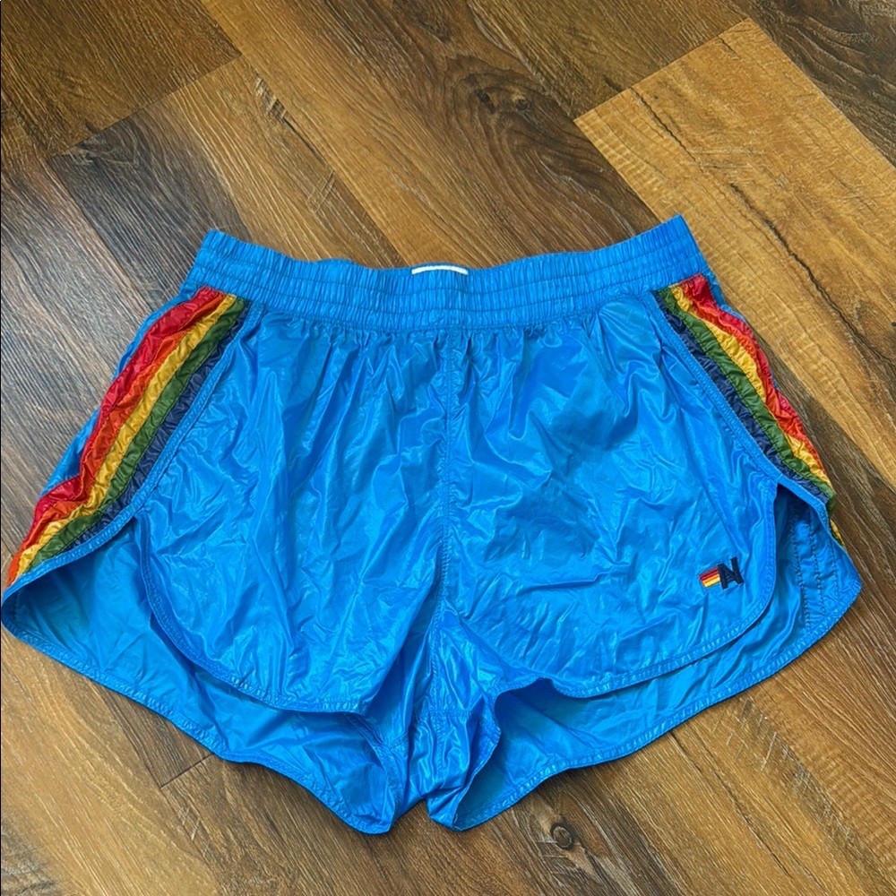 Aviator Nation Blue and Red Athletic Shorts with Retro Stripes